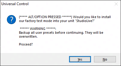 Install "factory test mode" dialogue box, not the force firmware upgrade function expected.