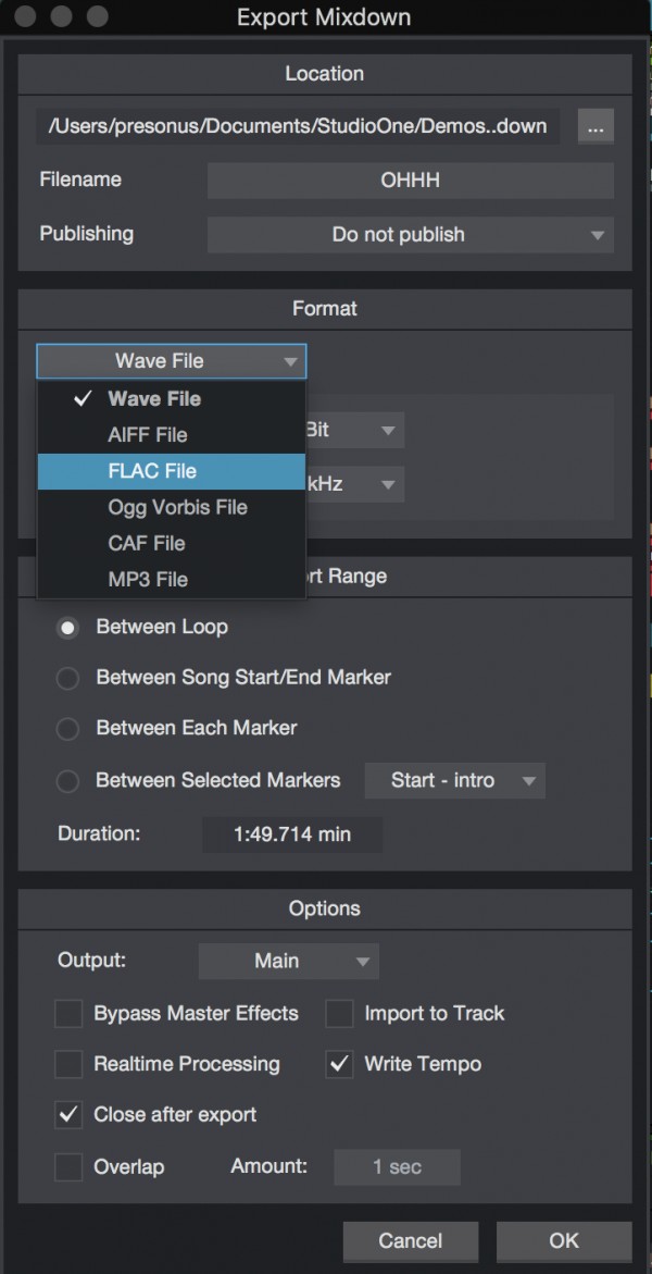 Studio One Export Options